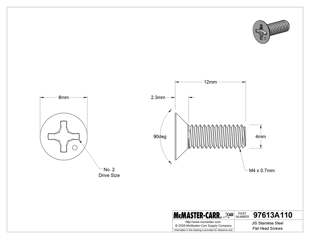Technical Drawing of JIS Stainless Steel Flat Head Screws, M4 x 0.7 mm Thread, 12 mm Long.